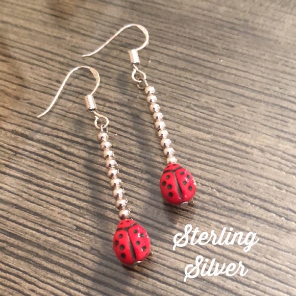 Sterling Silver Bead Earrings with Ladybug - Picture 1 of 14
